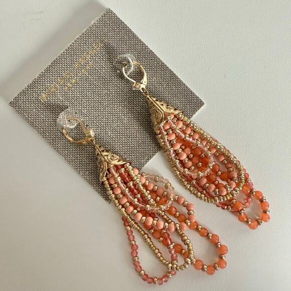 NWT Miriam Haskell NY Coral Orange Gold Bead Dangle Earrings Rhinestone Accent - Picture 1 of 7